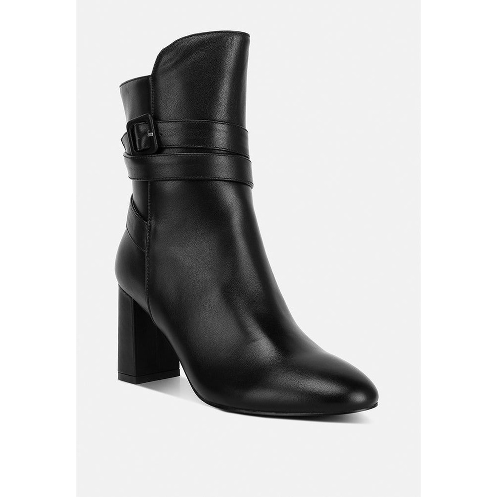 Rag & Co Cobra Womens Real Leather Ankle Boots Sz 6 Black Buckle Block Heel Moto